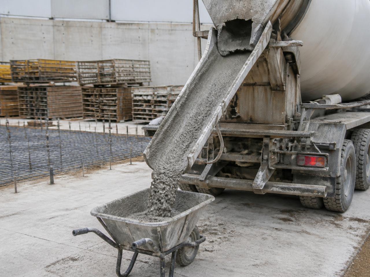 Caminhão betoneira descarregando concreto usinado pela calha